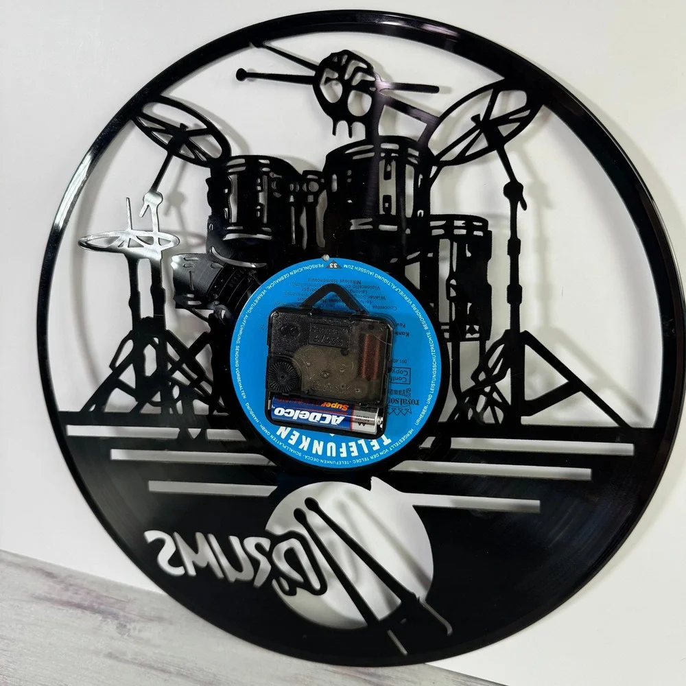 Vintage Vinyl Record Wall Clock Drum Set Silhouette Music Room Decor 12
